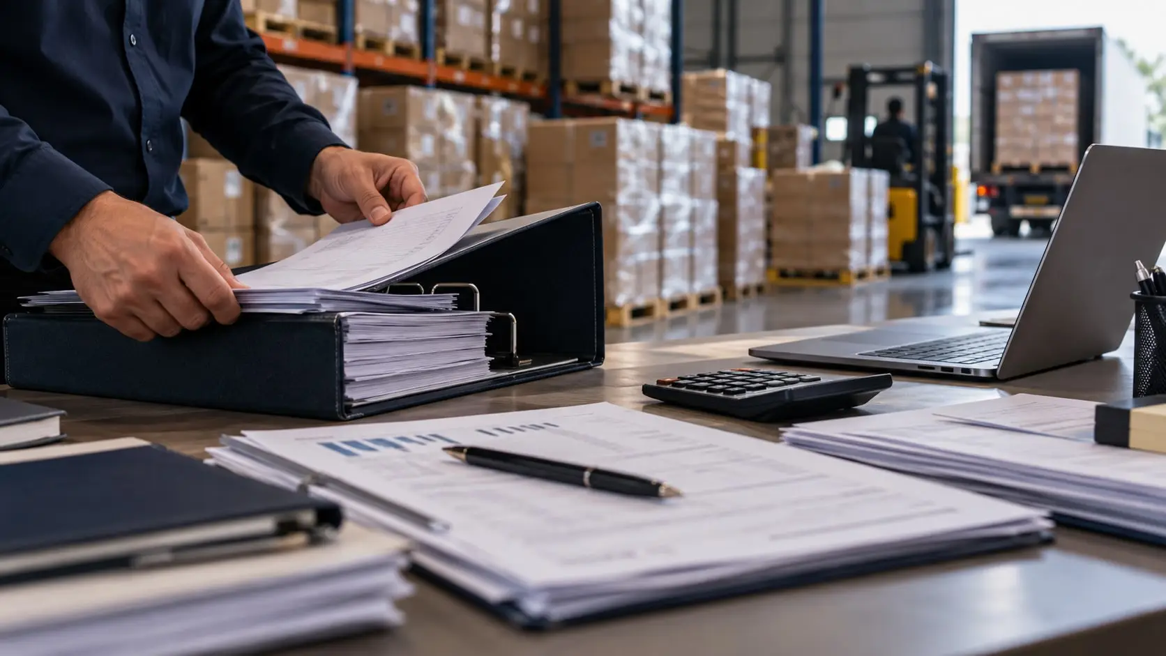 Imagem ilustrativa de organização de documentos financeiros com expedição industrial ao fundo.