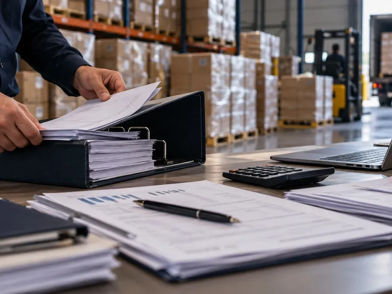 Imagem ilustrativa de organização de documentos financeiros com expedição industrial ao fundo.