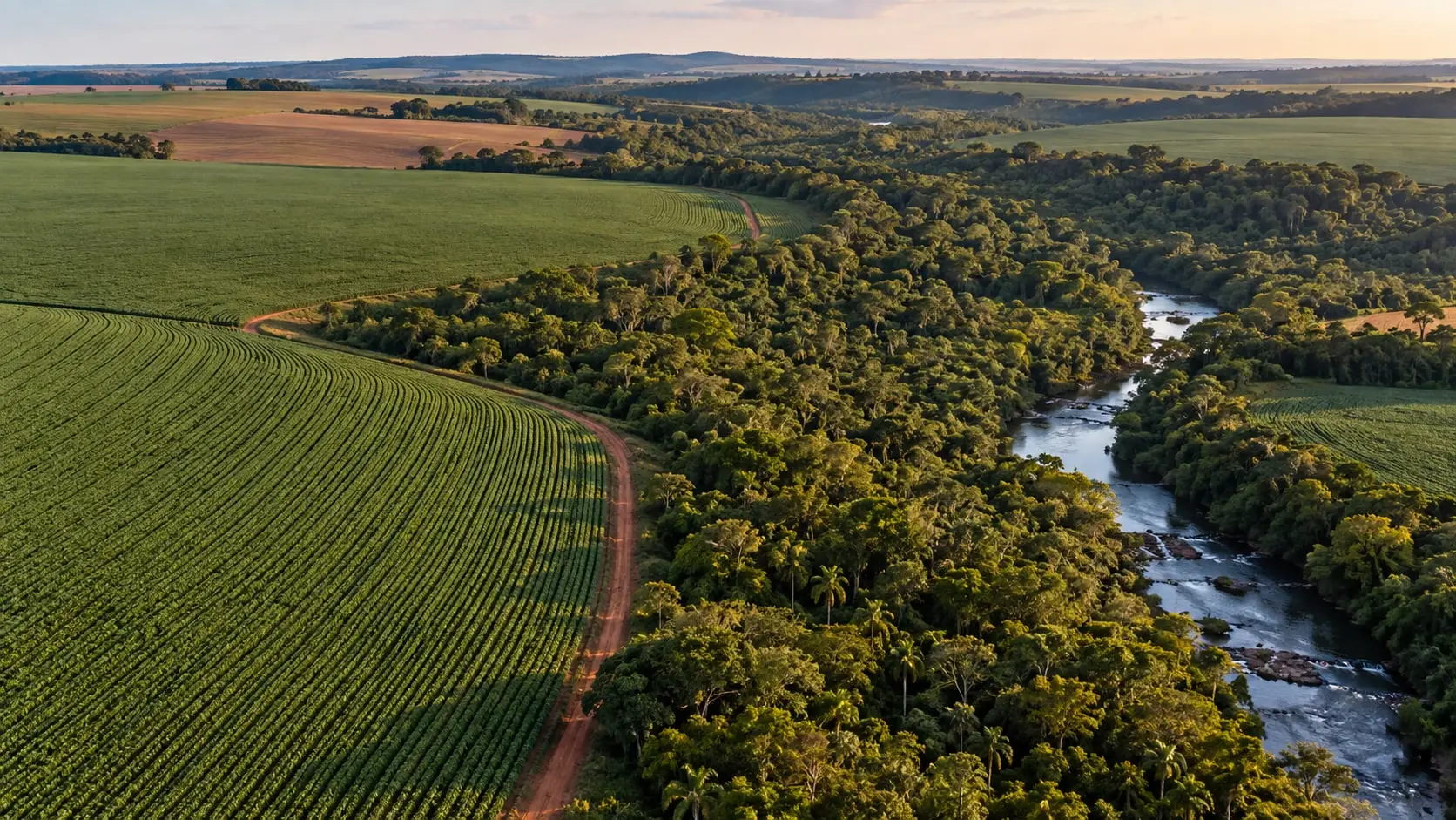 Imagem ilustrativa aérea de lavoura com vegetação nativa e curso de água preservados.