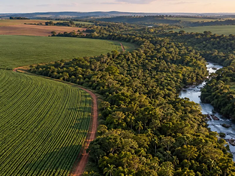 Imagem ilustrativa aérea de lavoura com vegetação nativa e curso de água preservados.