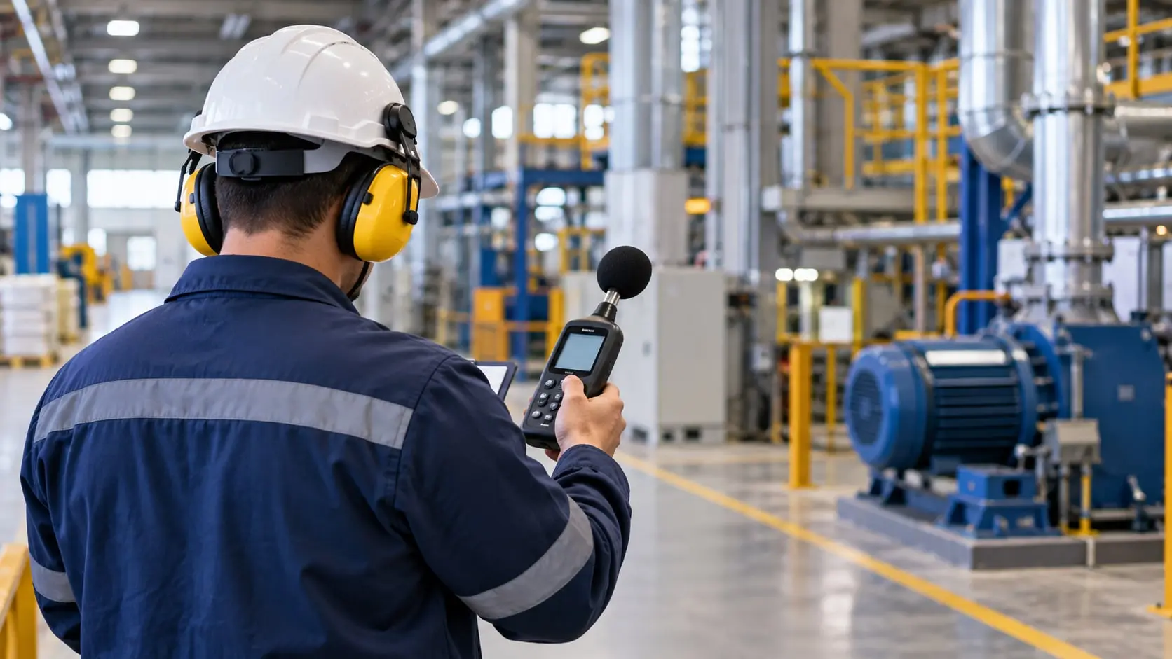 Imagem ilustrativa de profissional com proteção auditiva usando medidor em ambiente industrial.