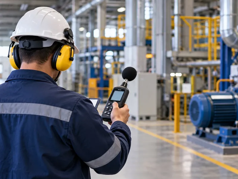 Imagem ilustrativa de profissional com proteção auditiva usando medidor em ambiente industrial.