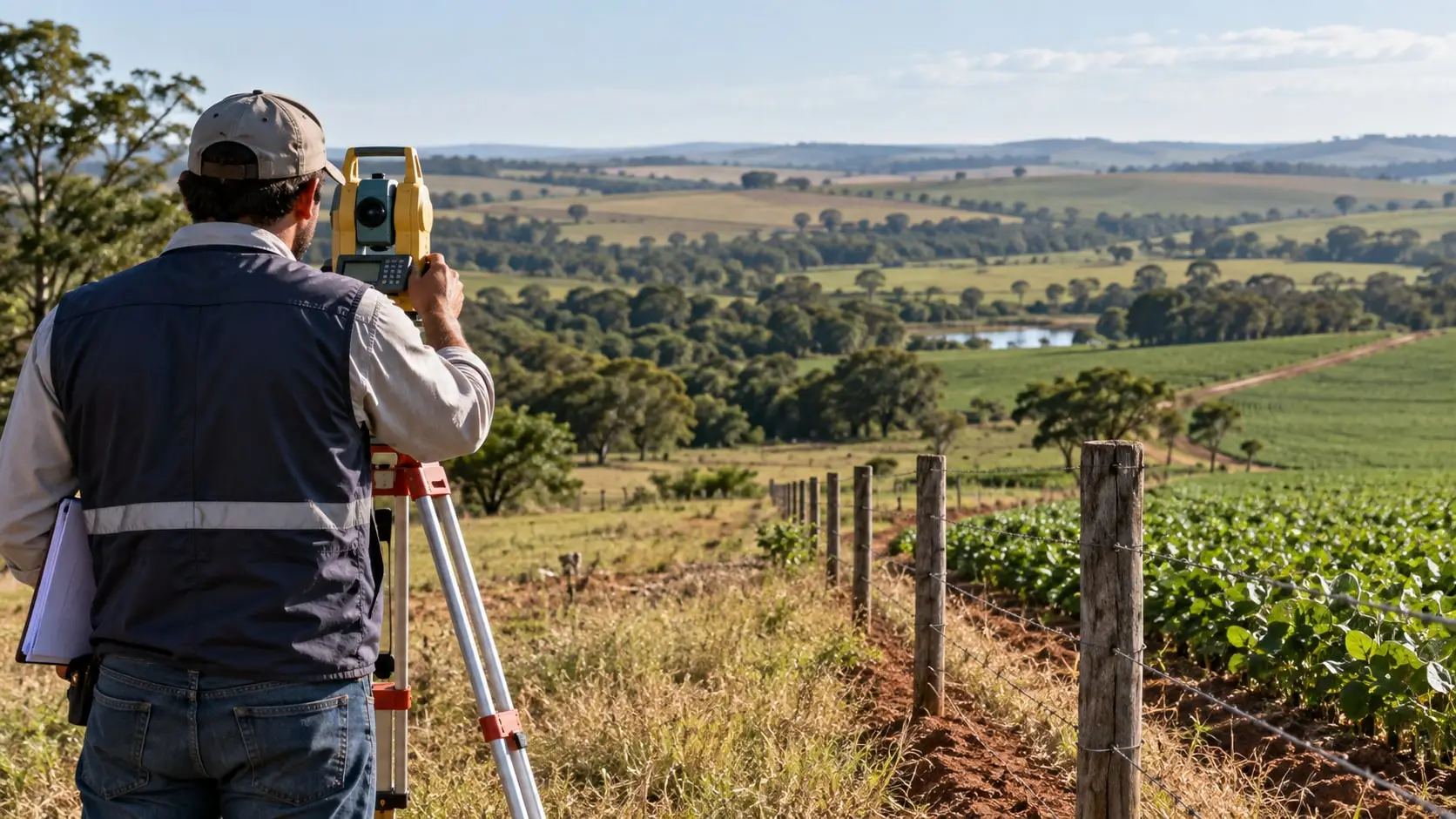 Imagem ilustrativa de levantamento topográfico com equipamento e limite de propriedade rural.