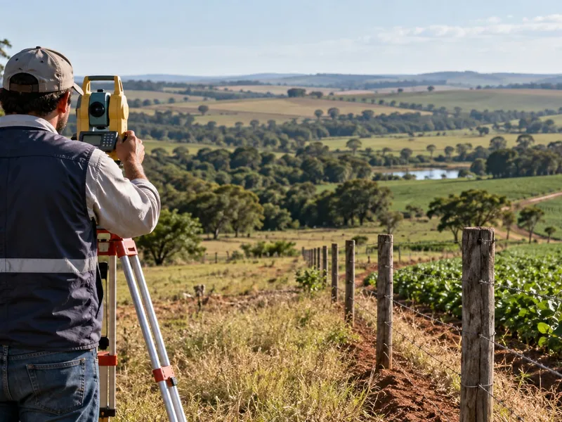 Imagem ilustrativa de levantamento topográfico com equipamento e limite de propriedade rural.