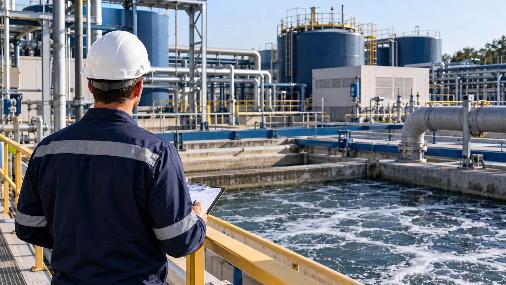 Imagem ilustrativa de inspeção em estação de tratamento de efluentes industriais.