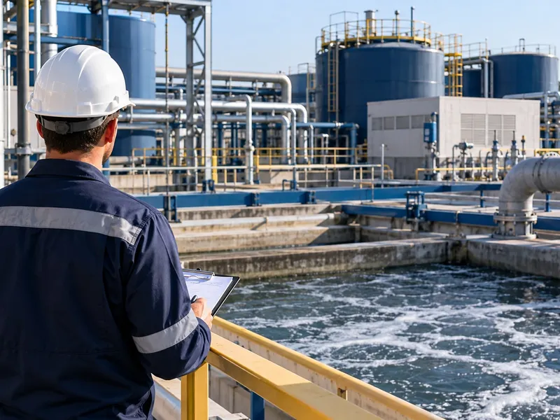 Imagem ilustrativa de inspeção em estação de tratamento de efluentes industriais.