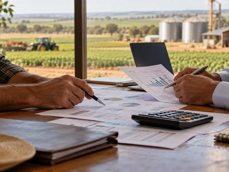 Imagem ilustrativa de análise de documentos financeiros em escritório com lavoura ao fundo.