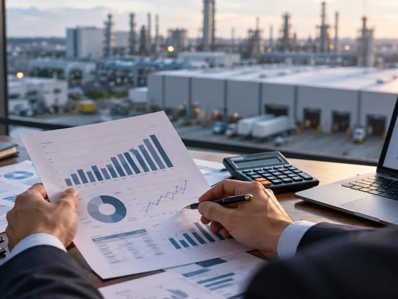 Imagem ilustrativa de análise financeira com gráficos e parque industrial ao fundo.