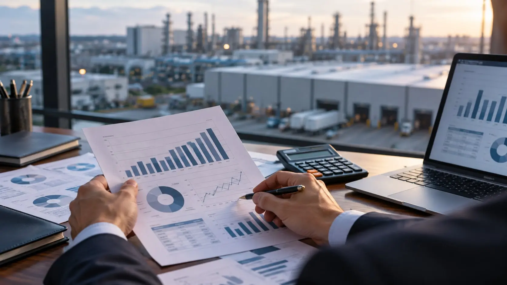 Imagem ilustrativa de análise financeira com gráficos e parque industrial ao fundo.