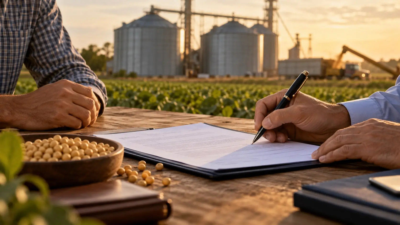 Imagem ilustrativa de contrato e grãos de soja com silos ao fundo.
