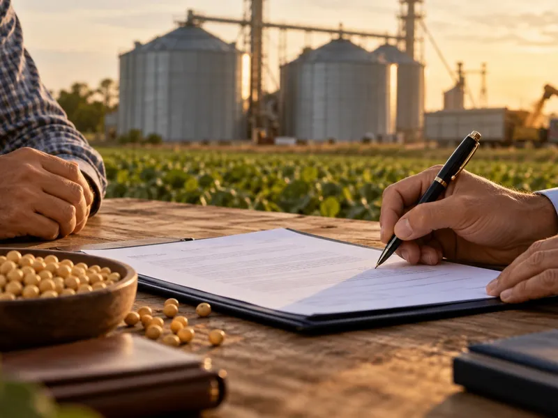 Imagem ilustrativa de contrato e grãos de soja com silos ao fundo.