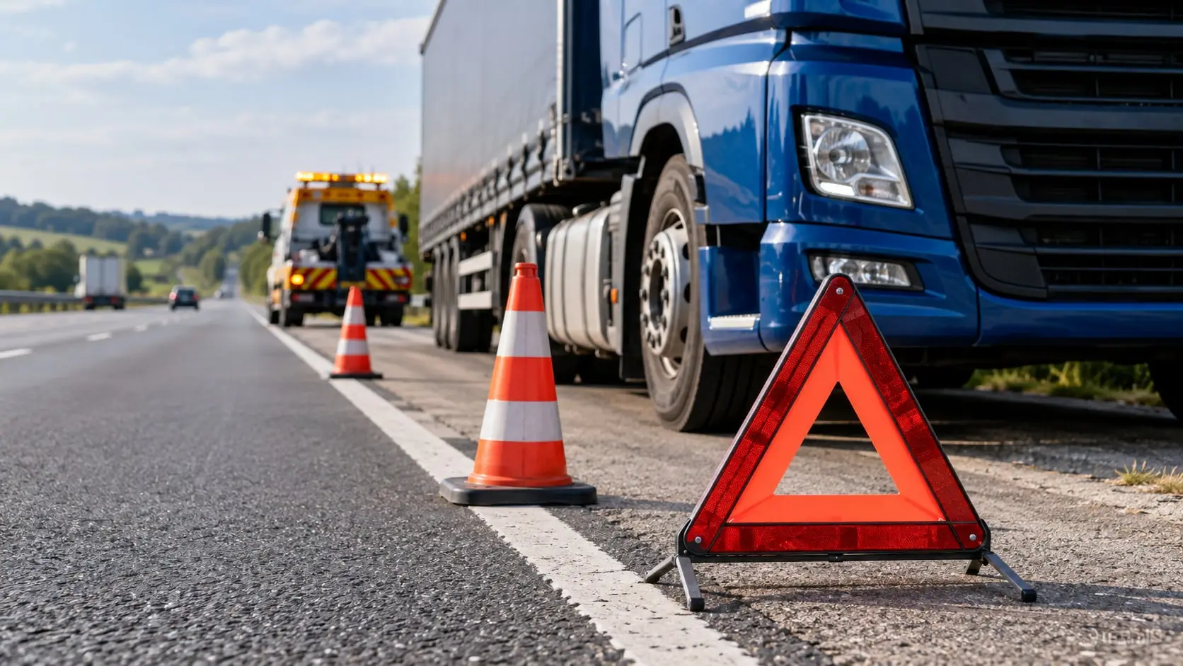 Imagem ilustrativa de caminhão parado no acostamento, com cones, triângulo de sinalização e assistência rodoviária ao fundo.