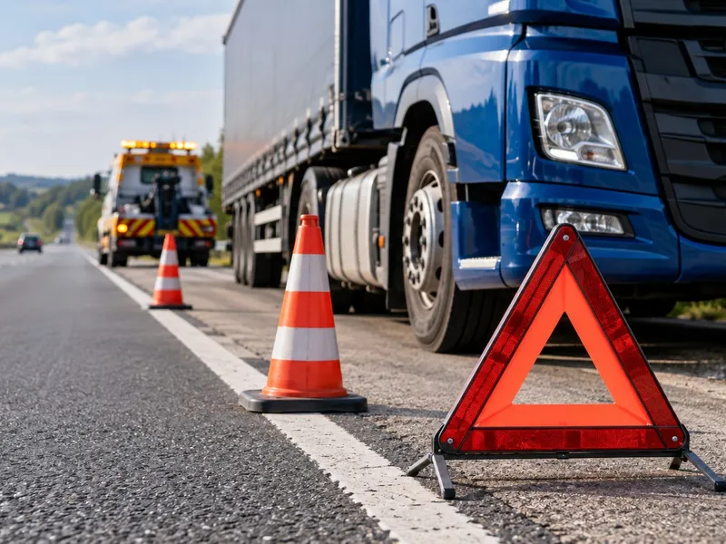 Imagem ilustrativa de caminhão parado no acostamento, com cones, triângulo de sinalização e assistência rodoviária ao fundo.