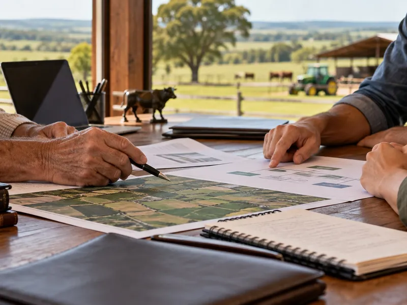Imagem ilustrativa de mãos de duas gerações em reunião de planejamento de empresa rural.