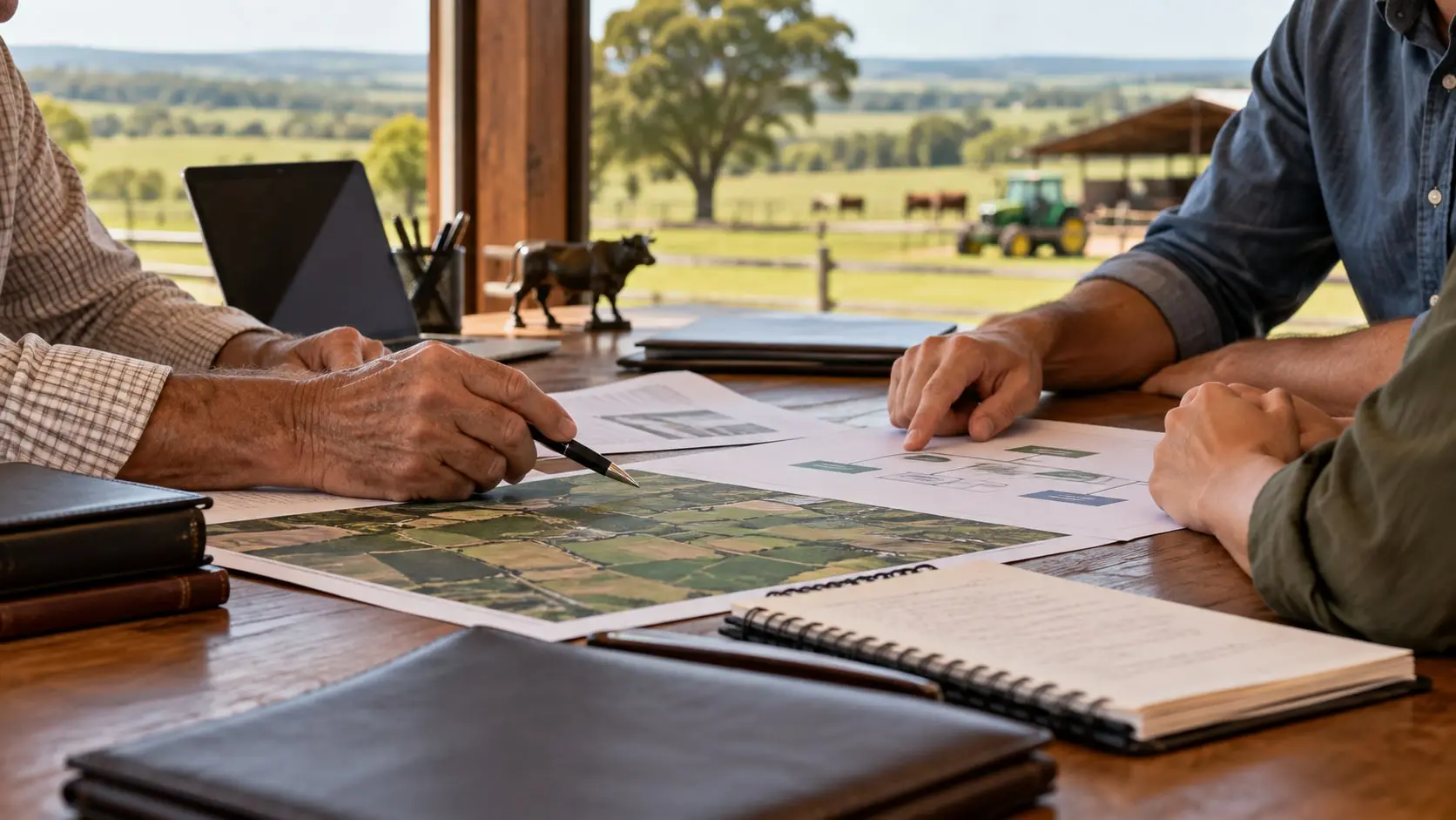 Imagem ilustrativa de mãos de duas gerações em reunião de planejamento de empresa rural.