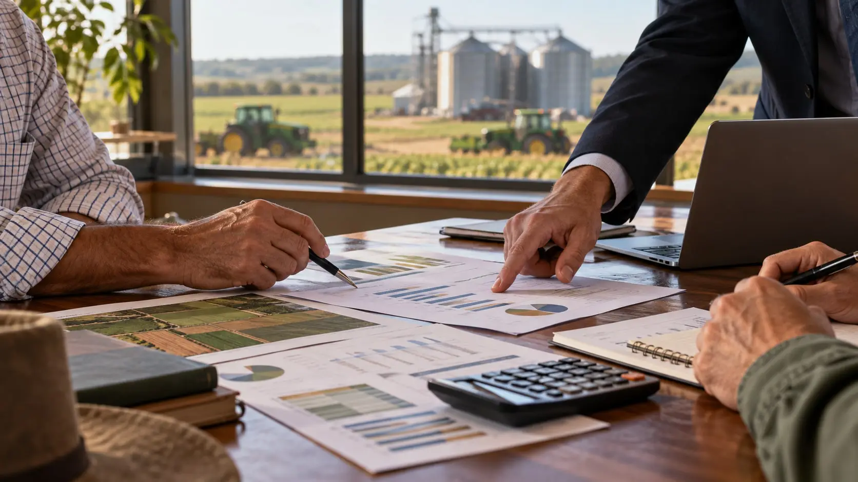 Imagem ilustrativa de reunião para reorganização financeira em escritório de fazenda.