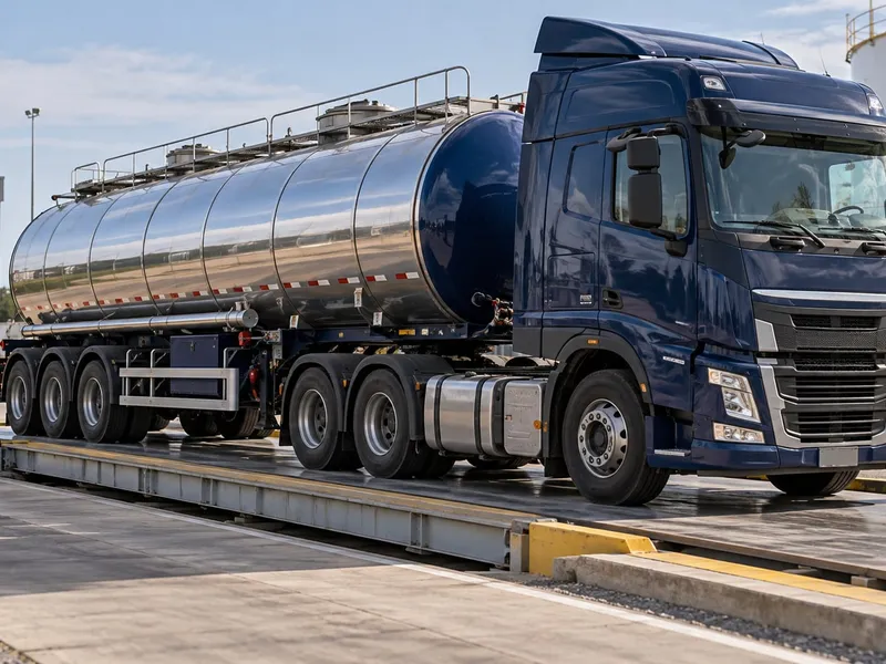 Imagem ilustrativa de caminhão-tanque sobre uma plataforma de pesagem em pátio industrial.