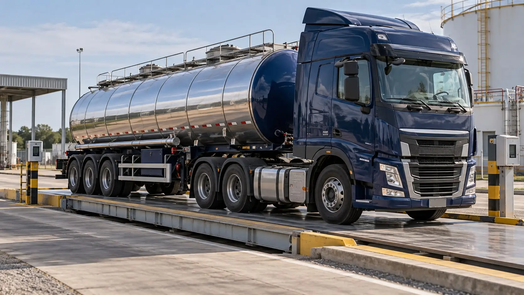 Imagem ilustrativa de caminhão-tanque sobre uma plataforma de pesagem em pátio industrial.