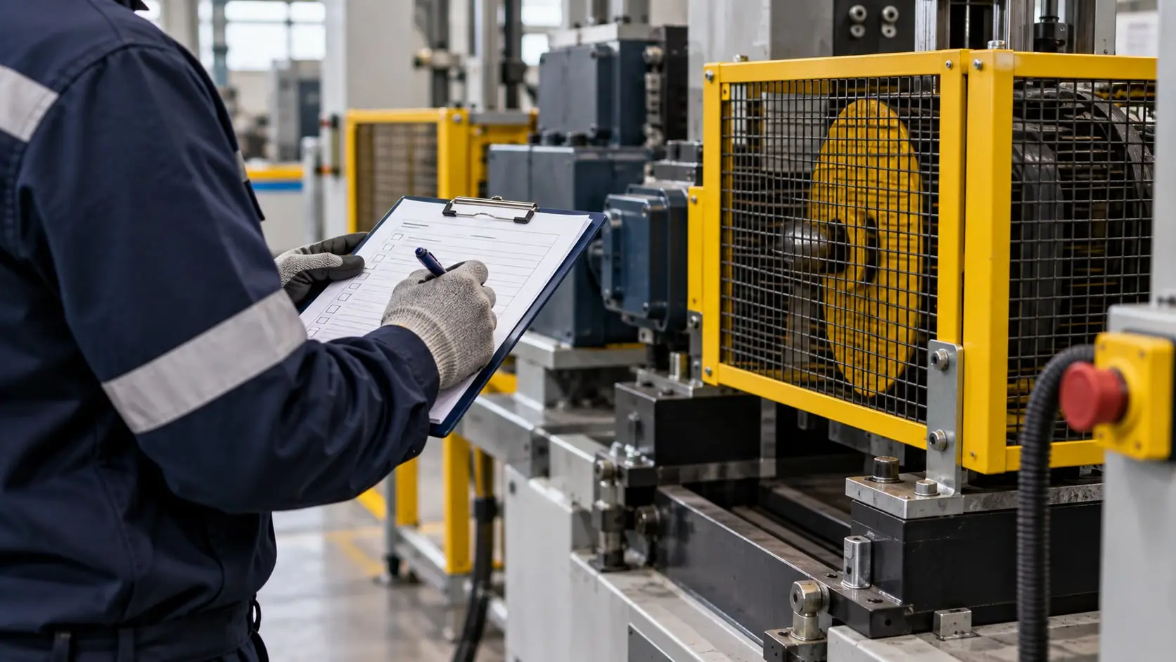 Imagem ilustrativa de inspeção de segurança em máquina industrial com proteção física.