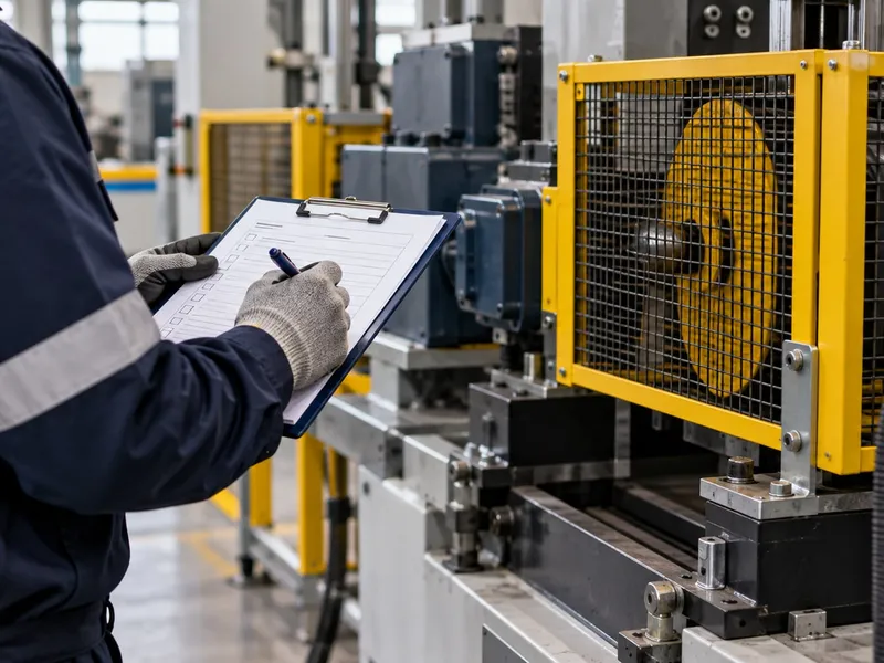 Imagem ilustrativa de inspeção de segurança em máquina industrial com proteção física.