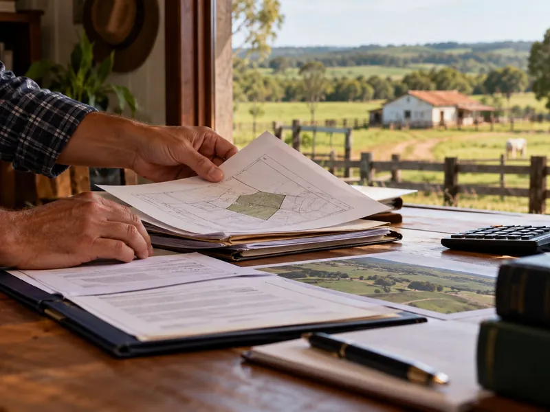 Imagem ilustrativa de análise de documentos de propriedade e finanças em escritório rural.