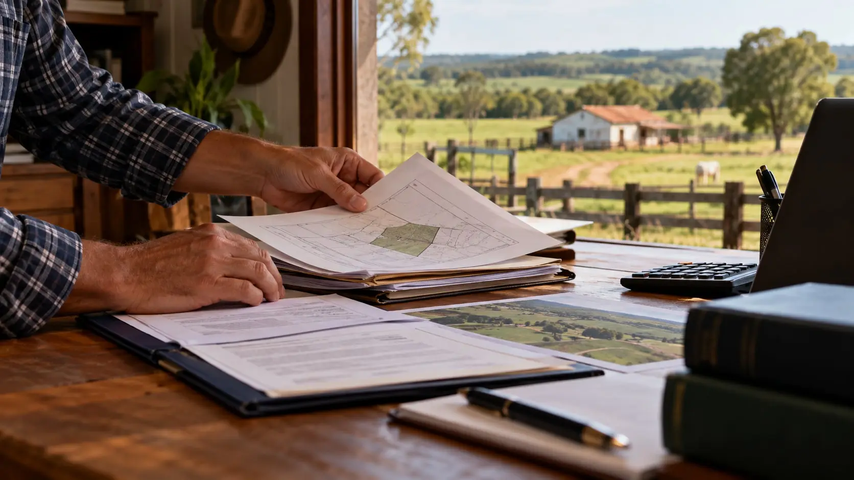 Imagem ilustrativa de análise de documentos de propriedade e finanças em escritório rural.